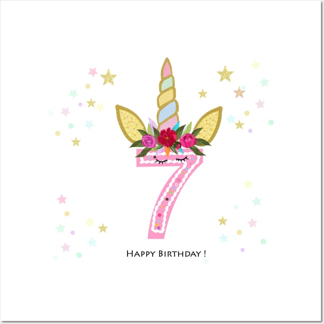 Seventh birthday. Seven. Unicorn birthday invitation. Party invitation greeting card Wall Art by GULSENGUNEL